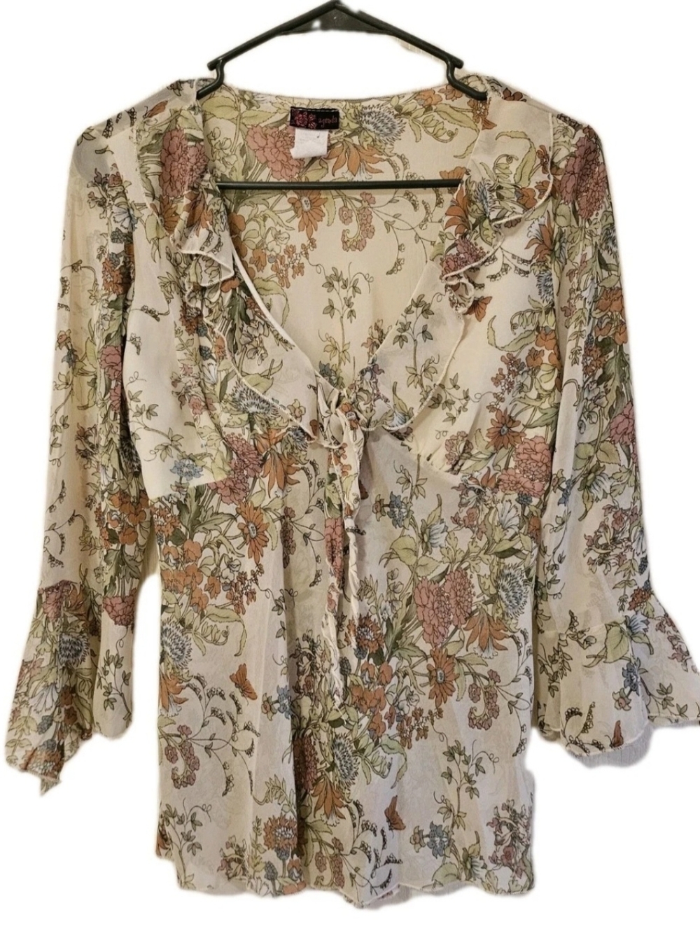 Agenda Floral Ruffle Sheer Chiffon Bell Sleeve Women's Blouse Size S